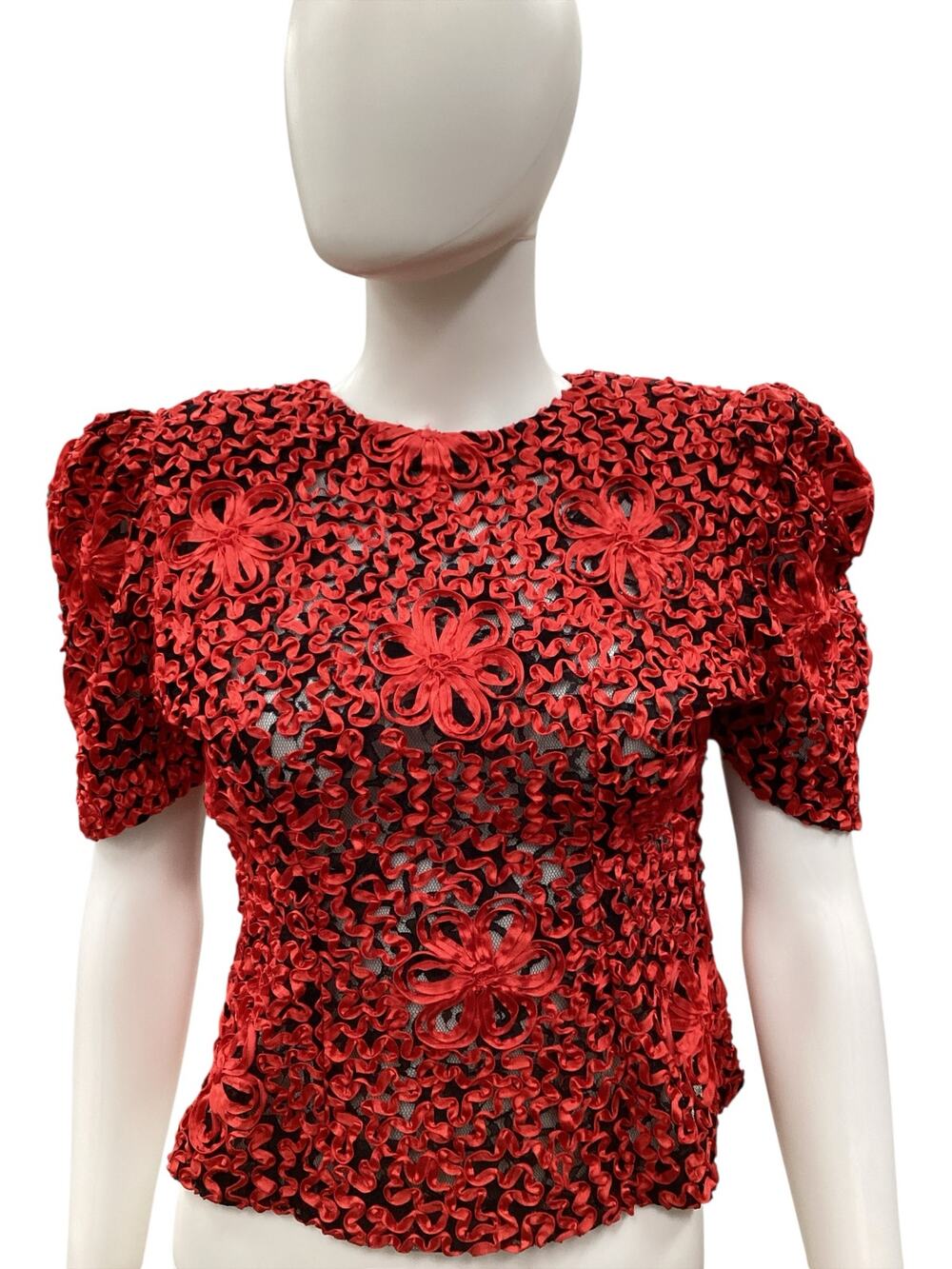 Vintage Made In France Top Women’s SizeS/M Ribbon Pattern Puff Sleeves Sheer Red